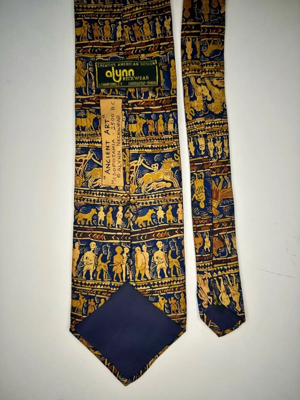 ANCIENT ART—Mesopotamia Blue & Gold Classic Silk Tie by Alynn Neckwear, 3.75”